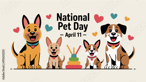 Four cartoon dogs celebrate national pet day with colorful hearts and a cake