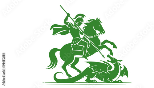 A green knight silhouette riding a horse and killing a dragon