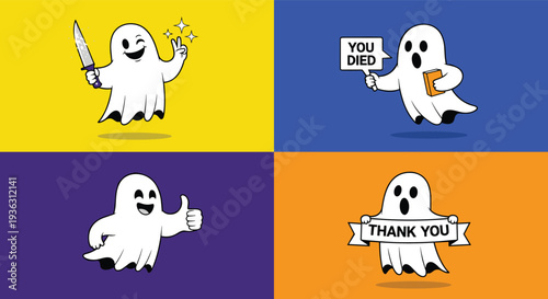 Four panels of a cartoon ghost in different poses like holding a knife a book giving a thumbs up and holding a thank you sign.