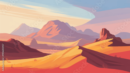 Vibrant desert landscape with majestic mountains warm orange and red sand dunes under a serene blue and pink sky with wispy clouds at sunset