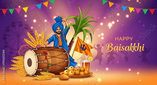 Baisakhi festival Punjabi harvest celebration with dhol drum wheat sugarcane sweets and festive Punjab culture joyful Vaisakhi greeting banner vector illustration