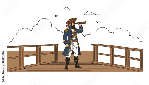 A naval officer in uniform stands on a deck looking through a telescope