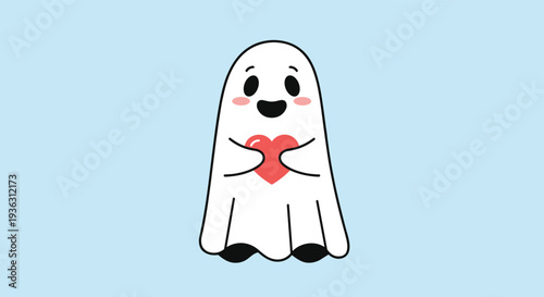 Adorable white ghost character holding a red heart with a sweet and loving expression on a soft light blue background for love.