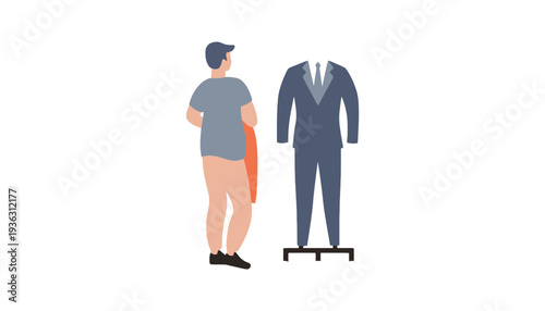 Fashion illustration of two men discussing clothes with a mannequin