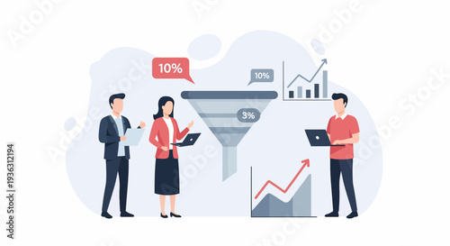 Business people analyzing sales funnel data for marketing strategy.