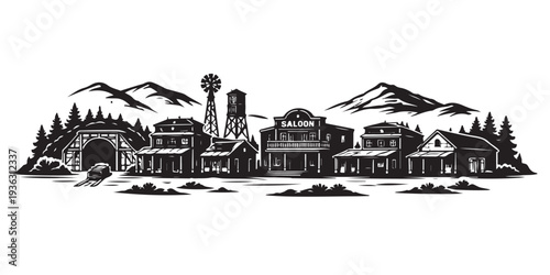 Western Gold Rush Town Silhouette, Silhouette Vector, Isolated on White Background