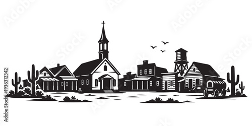 Old Western Settlement Silhouette, Silhouette Vector, Isolated on White Background