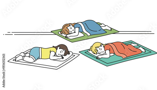 Sleeping children lying on colorful mats in a cartoon illustration