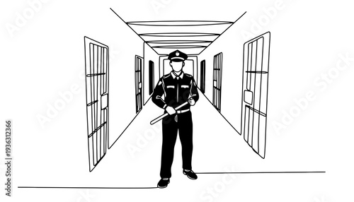 Police officer standing in a prison hallway with cell doors