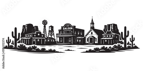 Fotografija Desert Cowboy Town Silhouette, Silhouette Vector, Isolated on White Background