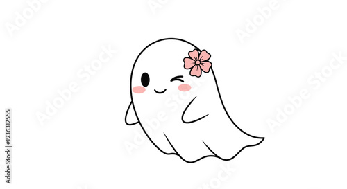 Cute little ghost with a pink flower behind its ear and a winking face for halloween or feminine spooky themes.