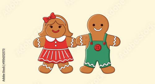 Gingerbread man and woman wearing festive clothing and standing together for christmas holiday baking concepts.