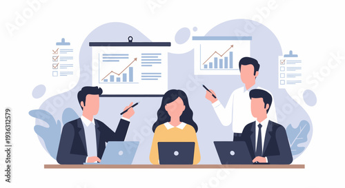 Business people collaborate in a professional meeting, discussing financial growth and market strategy.