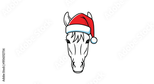 Line art of a horse head wearing a red and white santa hat for festive animal and holiday greeting card designs.