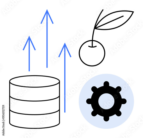 Data growth concept. Database with upward arrows, gear, and leaf data processing, growth, and sustainability. Data growth is vital for technology, business, AI innovation and sustainability