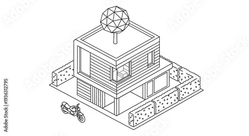 Modern house with garden and motorcycle illustration.