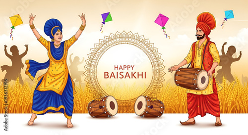 Punjabi culture celebration scene with bhangra dancer and dhol player in wheat harvest field festive kite sky and happy baisakhi greeting vibrant punjab vector artwork