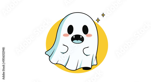 Excited little ghost with tiny fangs and pink cheeks on a yellow circle background for cute halloween themes.
