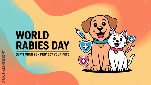 World rabies day awareness poster with happy dog and cat syringe shield and medical symbols on colorful background