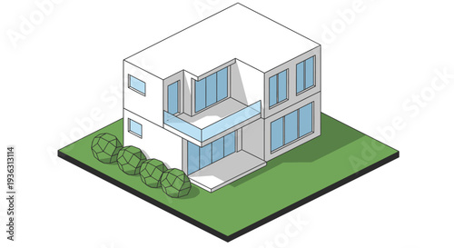 Modern two-story house with balcony and garden.