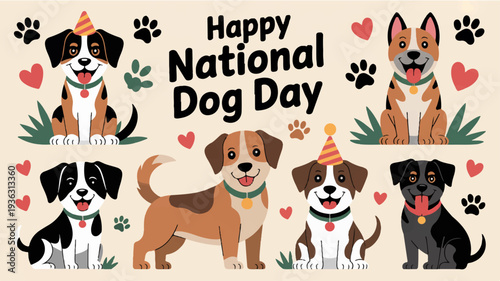 Happy national dog day celebration with six adorable dogs and hearts