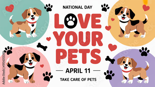 Cute dogs celebrate national pet day with love hearts and paw prints on colorful backgrounds