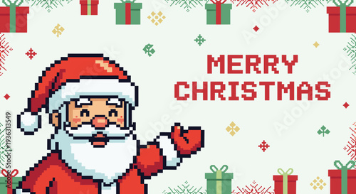 Cheerful pixel art Santa Claus waving his hand and presenting a Merry Christmas message surrounded by festive snowflakes and gifts.