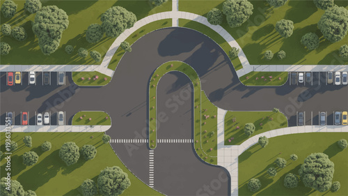 Aerial view of a modern road intersection with green spaces and parking lots in a suburban area