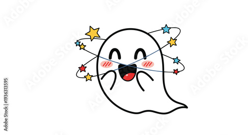 Cute little ghost character feeling dizzy and confused with spinning stars and planets around its head for a funny Halloween graphic.