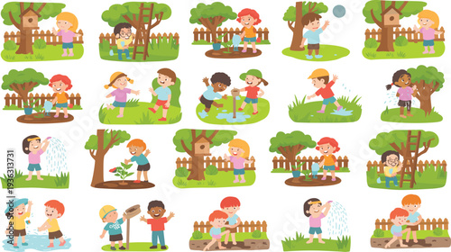 Children gardening and playing outdoors set with kids watering plants climbing trees splashing in puddles and helping in backyard flat illustration collection