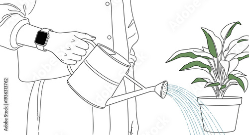 Person watering a potted houseplant with a watering can.