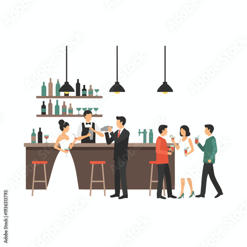 Modern Social Scene at a Trendy Bar with Diverse Patrons and Elegant Atmosphere