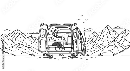 Person working on laptop inside a camper van in mountains.