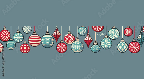 Decorative border of colorful hanging Christmas ornaments and baubles in pixel art style against a dark grey background for holiday.
