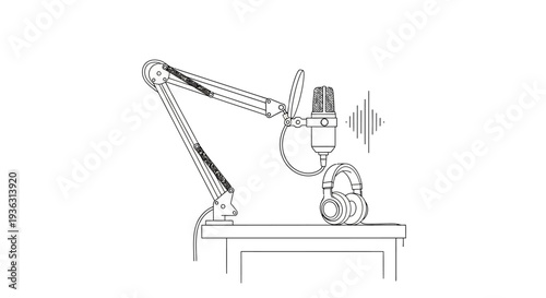 Professional podcast microphone and headphones on a table with sound waves.