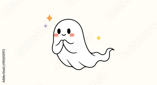 Adorable little ghost character with a sweet smiling expression and hands together surrounded by magical glowing stars for Halloween.