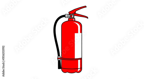 Red fire extinguisher with black hose and white label.