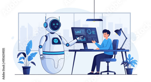 Robot and human working together on computer technology.