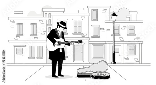 Street musician playing guitar on city sidewalk.