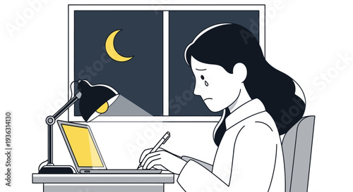 Sad woman working late at night on laptop illustration.