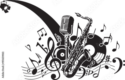 Music illustration with saxophone and microphone in black notes