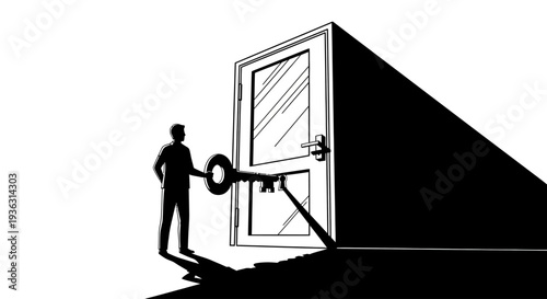 Silhouette of a person holding a large key to unlock a door.