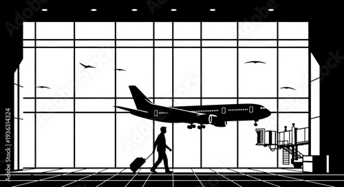 Silhouette of a traveler pulling luggage in an airport terminal with an airplane outside.