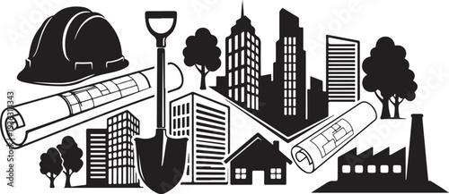 Construction and architecture concept with cityscape and tools