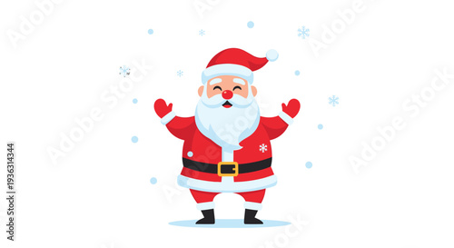 Happy Santa Claus standing with open arms under falling snowflakes celebrating the joy of Christmas and winter season festivities.