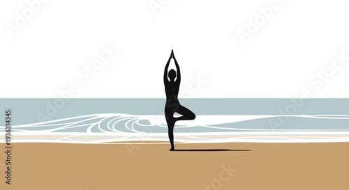 Silhouette of a woman practicing yoga tree pose on a beach.