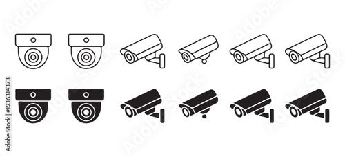 Collection of surveillance and security camera icons, wall mounted and dome types