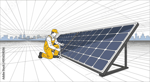 Technician installing a solar panel on a rooftop with city skyline background.