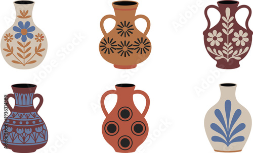 Collection of decorative ceramic vases with floral folk patterns, traditional handmade pottery set vector illustration isolated on white background