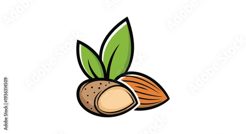 Simple flat illustration of two almond kernels with two bright green leaves on top for natural food product branding and marketing.